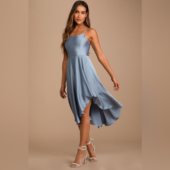 Lulus-Days Like Today Blue Satin Asymmetrical Tie-Back Midi Dress - Picture 1 of 7